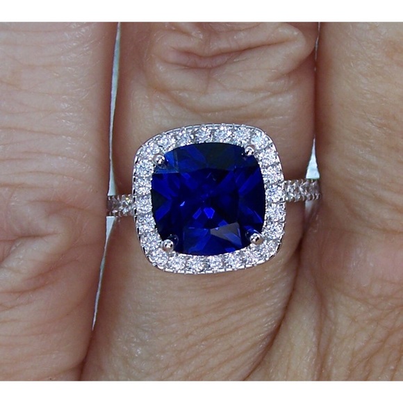 925 STERLING SILVER Cushion Cut Blue Spinel & Cubic Zirconia Halo Ring - Picture 10 of 16